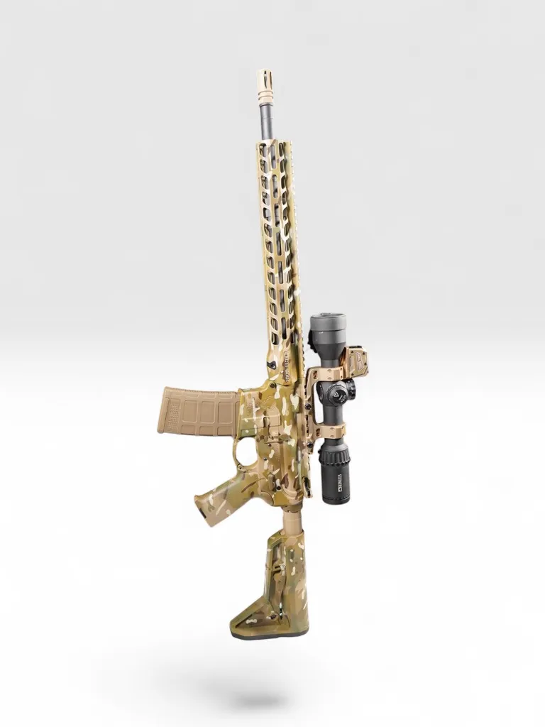 AR-style rifle in a MultiCam Cerakote pattern with a tan scope mount